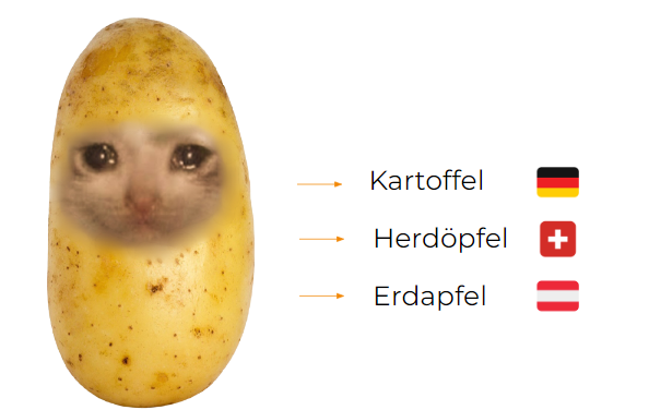 Ilustración que muestra una patata y las diferentes maneras en que se puede llamar en alemán: "Kartoffel" (Alemania), "Herdöpfel" (Suiza) y "Erdapfel" (Austria), demostrando las variaciones regionales en los nombres del vegetal.
