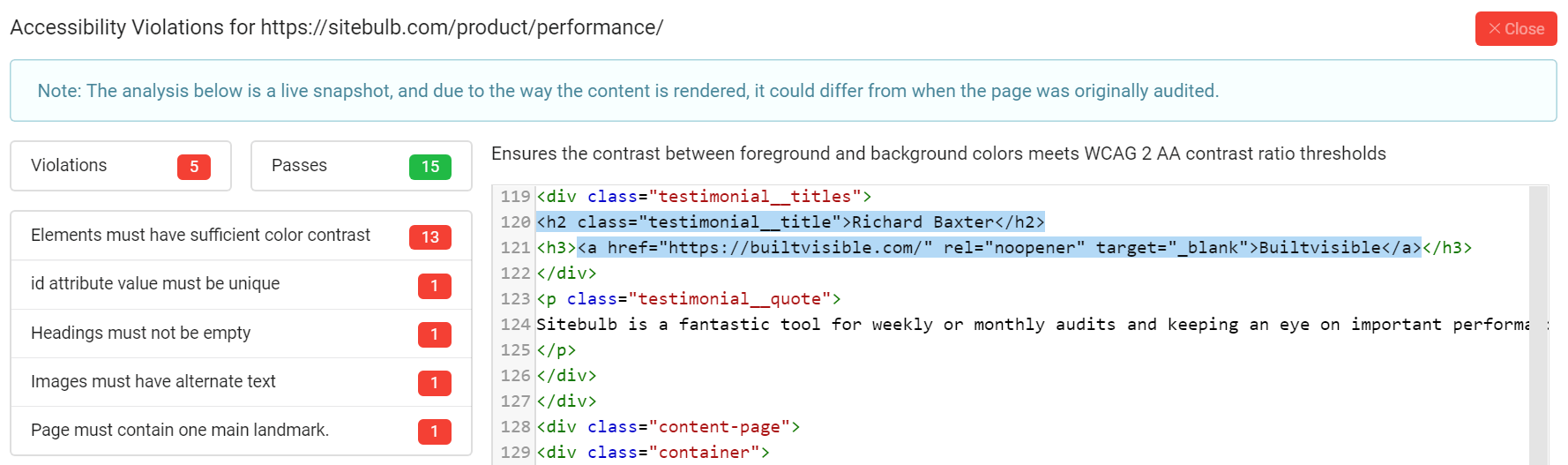 Accessibility audit performed with Sitebulb.