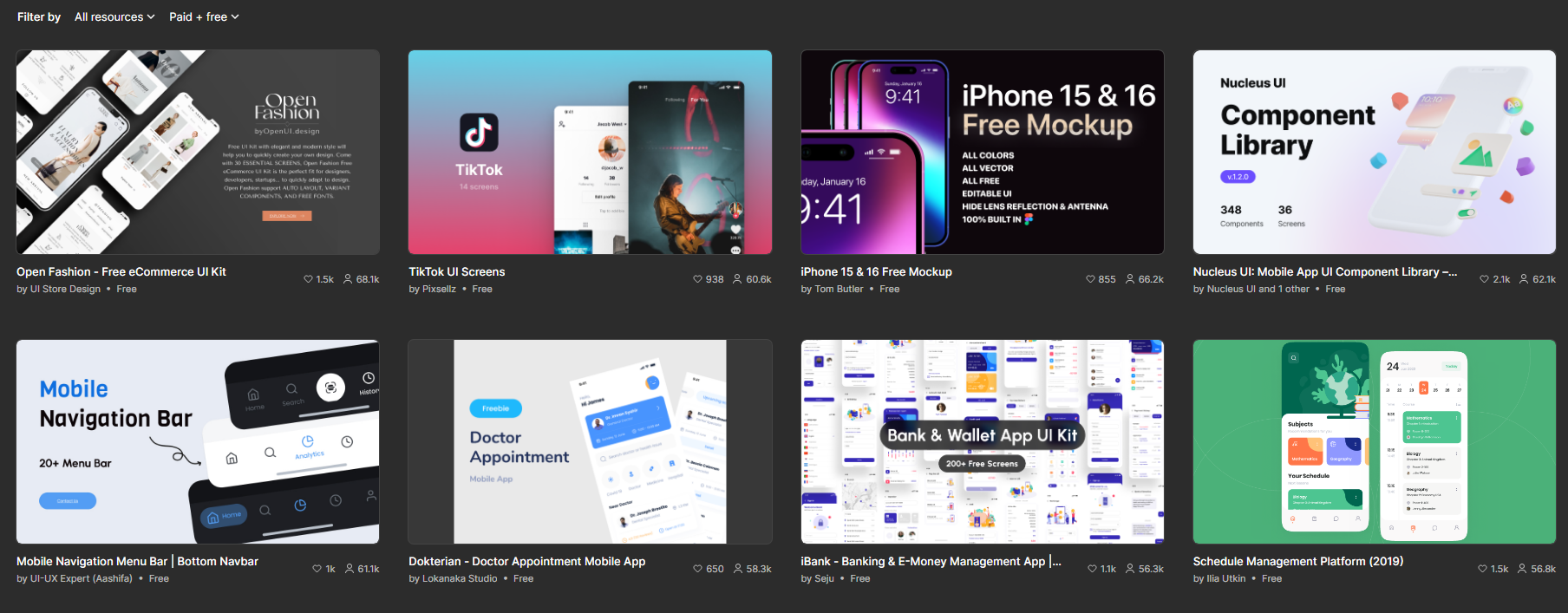 Examples of resources from Figma Community, both free and paid.