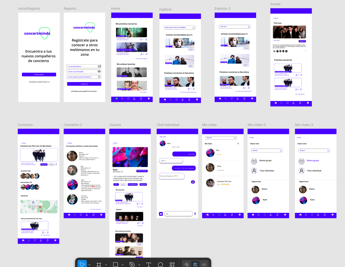 Example of using Figma, showing different prototype screens.