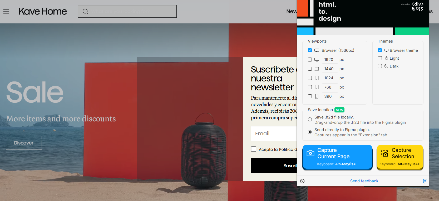 html.to.design, dropdown that appears when opening the Chrome extension.