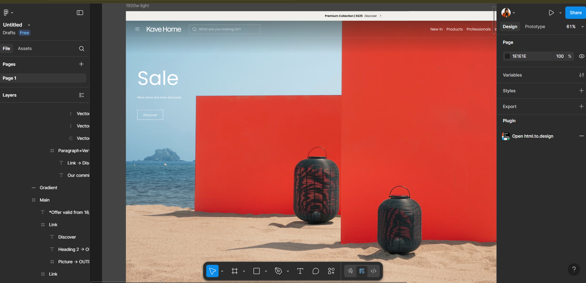 Importing a page (in this case, Kave Home’s homepage) into Figma with html.to.design.