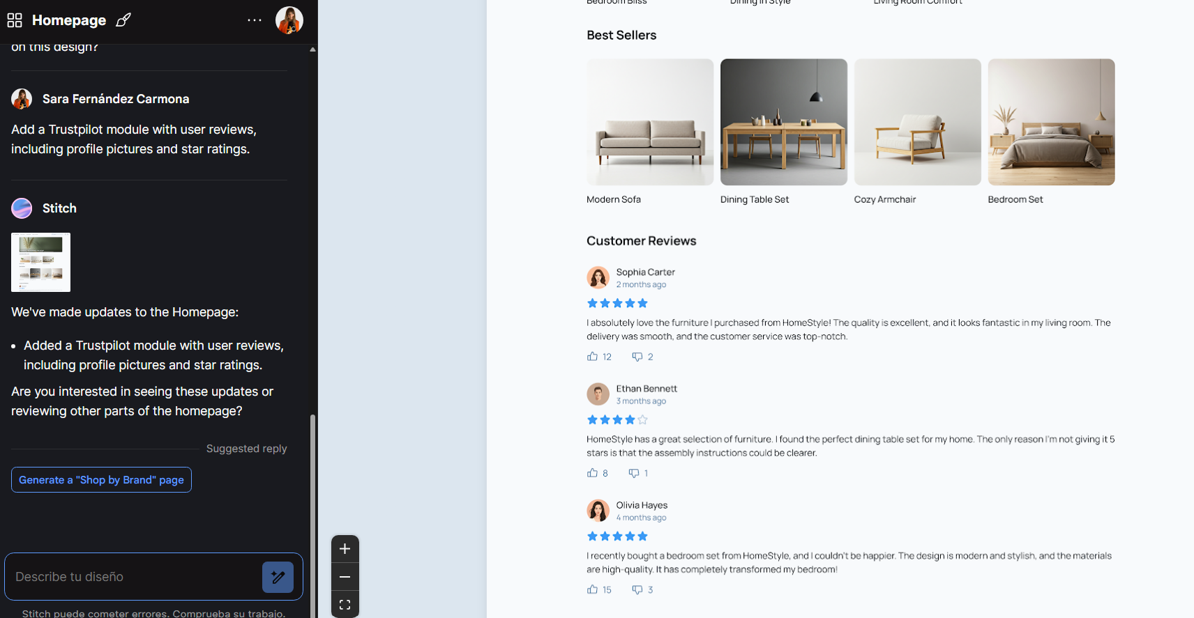 Example of Stitch in use, where we asked it to add a reviews module and the platform itself suggested options.