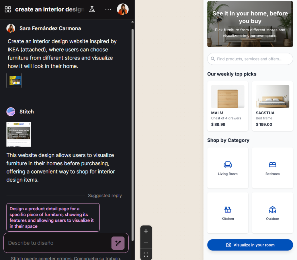 Example of Google Stitch in use, where we ask it to create a prototype inspired by IKEA’s website and branding.