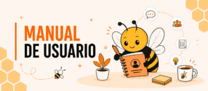 Ilustración de una abeja simpática leyendo y escribiendo en su manual de usuario personal, rodeada de iconos que representan la comunicación, el trabajo en equipo, las ideas y la documentación. El banner presenta un diseño inspirado en un panal de abeja en tonos naranja, amarillo y negro, con el texto «Manual de usuario».