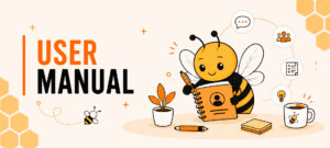 Illustration of a friendly bee reading and writing in a personal user manual, surrounded by collaboration icons including communication, teamwork, ideas and documentation. The banner features a honeycomb-inspired design in orange, yellow and black with the text "User Manual".