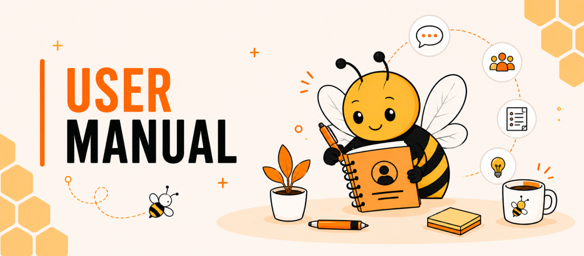 Illustration of a friendly bee reading and writing in a personal user manual, surrounded by collaboration icons including communication, teamwork, ideas and documentation. The banner features a honeycomb-inspired design in orange, yellow and black with the text "User Manual".